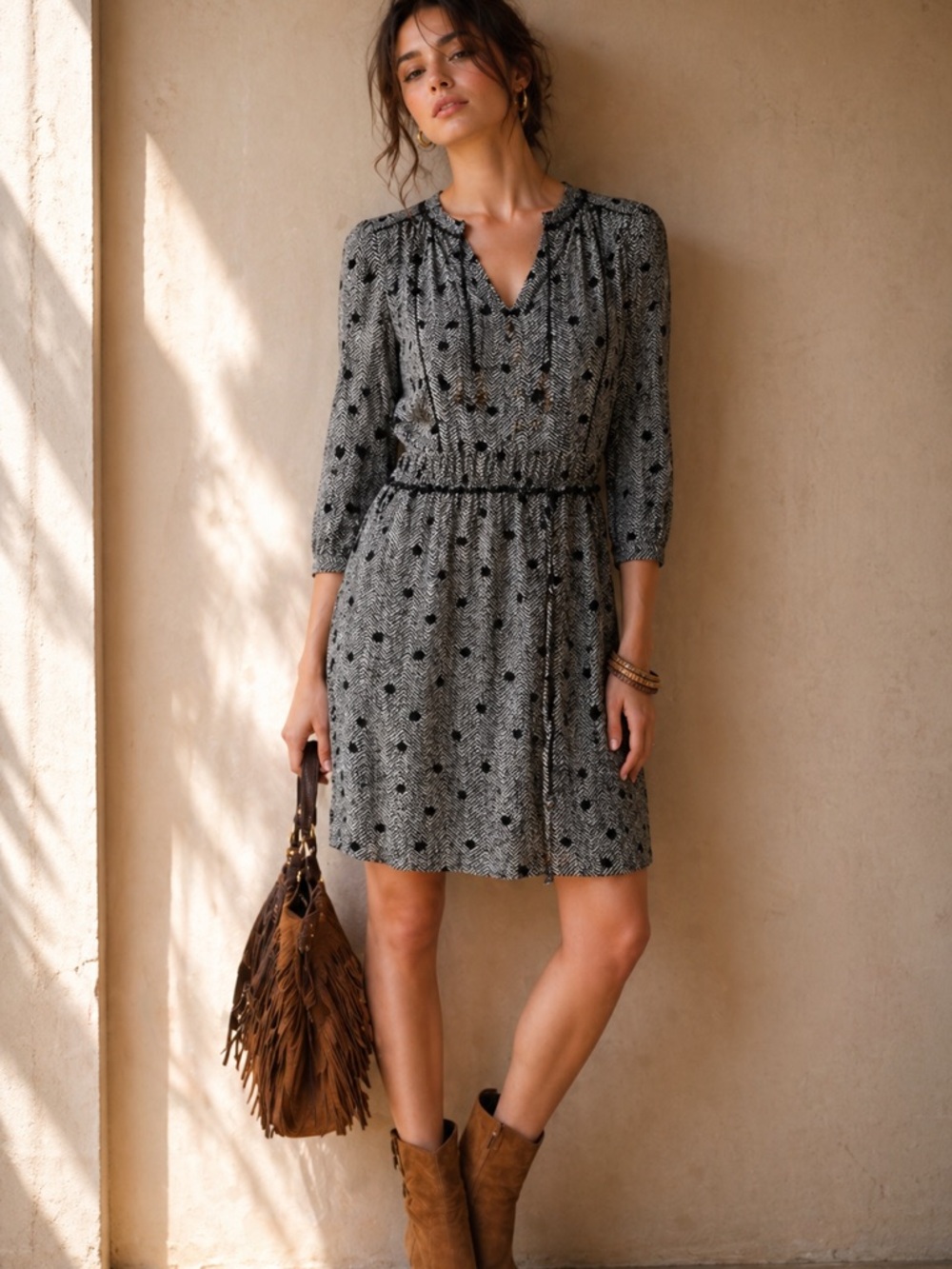 Anthropologie Maeve Galen Herringbone Dot Mini Dress Black M Tie Neck